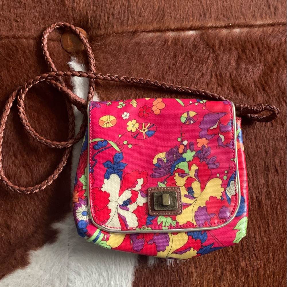 Sakroots Floral Leather Crossbody Purse Handbag Red Braided Strap 8" x 7".